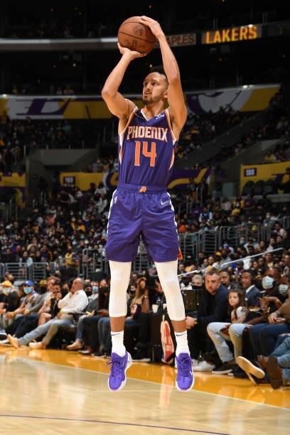 Landry Shamet of the Phoenix Suns shoots the ball during a preseason game against the Los Angeles Lakers on October 10, 2021 at STAPLES Center in Los...