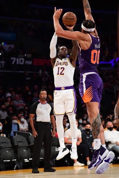 Kendrick Nunn of the Los Angeles Lakers shoots the ball during a preseason game against the Phoenix Suns on October 10, 2021 at STAPLES Center in Los...