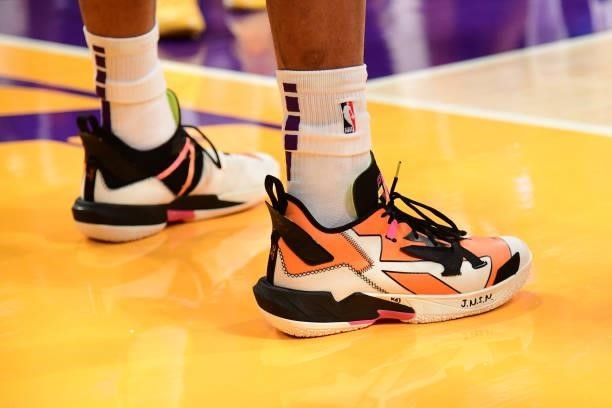 The sneakers of Russell Westbrook of the Los Angeles Lakers during a preseason game against the Phoenix Suns on October 10, 2021 at STAPLES Center in...