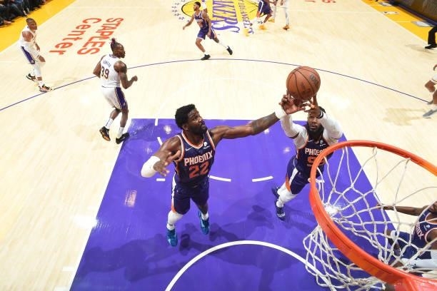 Deandre Ayton of the Phoenix Suns catches the rebound during a preseason game against the Los Angeles Lakers on October 10, 2021 at STAPLES Center in...