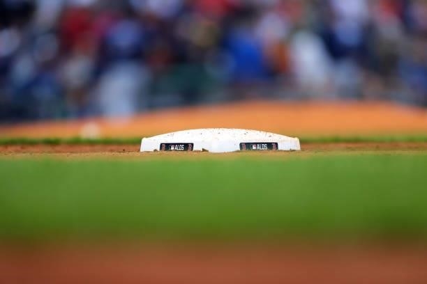 Detail shot of a base during Game 3 of the ALDS between the Tampa Bay Rays and the Boston Red Sox at Fenway Park on Sunday, October 10, 2021 in...