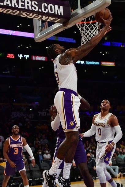 DeAndre Jordan of the Los Angeles Lakers shoots the ball during a preseason game against the Phoenix Suns on October 10, 2021 at STAPLES Center in...
