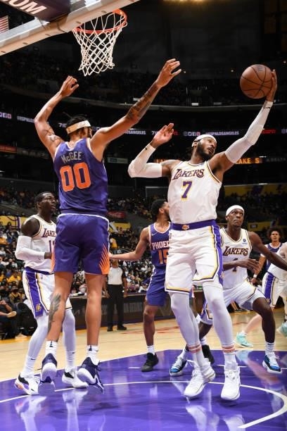 Carmelo Anthony of the Los Angeles Lakers catches the rebound during a preseason game against the Phoenix Suns on October 10, 2021 at STAPLES Center...