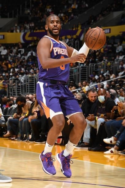 Chris Paul of the Phoenix Suns handles the ball during a preseason game against the Los Angeles Lakers on October 10, 2021 at STAPLES Center in Los...