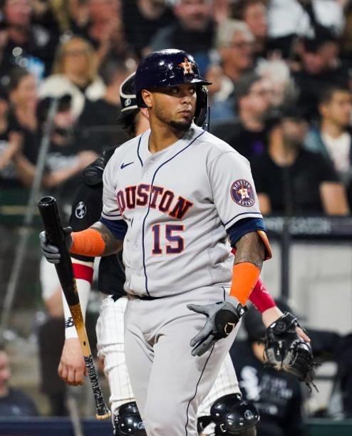 Martin Maldonado of the Houston Astros looks on during Game 3 of the ALDS between the Houston Astros and the Chicago White Sox at Guaranteed Rate...