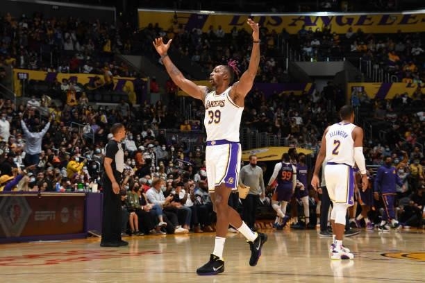 Dwight Howard of the Los Angeles Lakers celebrates during a preseason game against the Phoenix Suns on October 10, 2021 at STAPLES Center in Los...