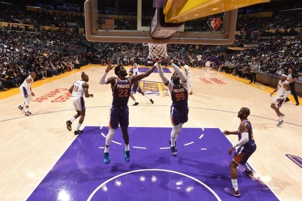 Deandre Ayton of the Phoenix Suns catches the rebound during a preseason game against the Los Angeles Lakers on October 10, 2021 at STAPLES Center in...