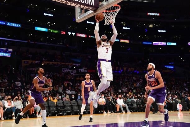 Carmelo Anthony of the Los Angeles Lakers dunks the ball during a preseason game against the Phoenix Suns on October 10, 2021 at STAPLES Center in...