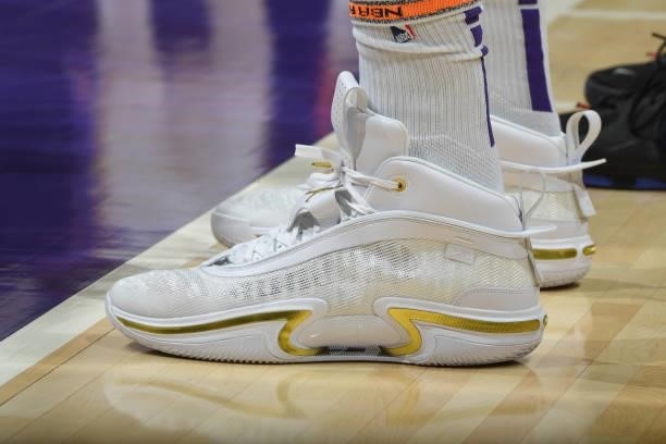 The sneakers worn by Carmelo Anthony of the Los Angeles Lakers during a preseason game against the Phoenix Suns on October 10, 2021 at STAPLES Center...