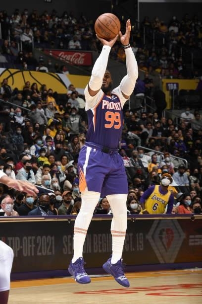 Jae Crowder of the Phoenix Suns shoots the ball during a preseason game against the Los Angeles Lakers on October 10, 2021 at STAPLES Center in Los...