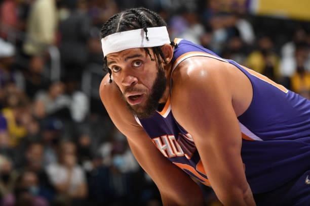 JaVale McGee of the Phoenix Suns looks on during a preseason game against the Los Angeles Lakers on October 10, 2021 at STAPLES Center in Los...