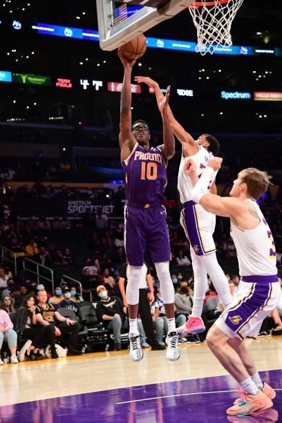 Jalen Smith of the Phoenix Suns shoots the ball during a preseason game against the Los Angeles Lakers on October 10, 2021 at STAPLES Center in Los...