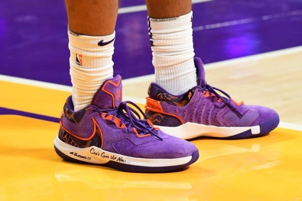 The sneakers of Chris Paul of the Phoenix Suns during a preseason game against the Los Angeles Lakers on October 10, 2021 at STAPLES Center in Los...