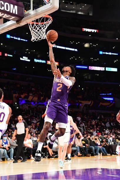 Elfrid Payton of the Phoenix Suns shoots the ball during a preseason game against the Los Angeles Lakers on October 10, 2021 at STAPLES Center in Los...