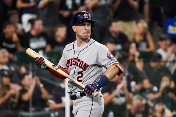 Alex Bregman of the Houston Astros looks on during Game 3 of the ALDS between the Houston Astros and the Chicago White Sox at Guaranteed Rate Field...