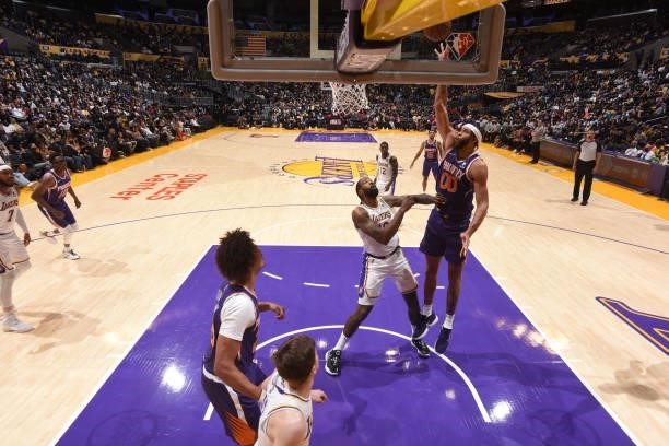 JaVale McGee of the Phoenix Suns shoots the ball during a preseason game against the Los Angeles Lakers on October 10, 2021 at STAPLES Center in Los...