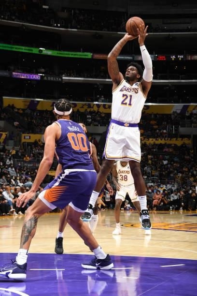 Cameron Oliver of the Los Angeles Lakers shoots the ball during a preseason game against the Phoenix Suns on October 10, 2021 at STAPLES Center in...