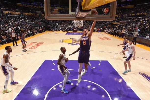 Frank Kaminsky of the Phoenix Suns shoots the ball during a preseason game against the Los Angeles Lakers on October 10, 2021 at STAPLES Center in...