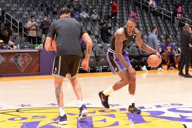 Dwight Howard of the Los Angeles Lakers warms up prior to a preseason game against the Phoenix Suns on October 10, 2021 at STAPLES Center in Los...