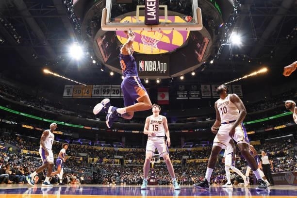 JaVale McGee of the Phoenix Suns dunks the ball during a preseason game against the Los Angeles Lakers on October 10, 2021 at STAPLES Center in Los...