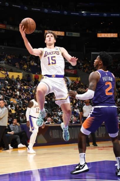 Austin Reaves of the Los Angeles Lakers drives to the basket during a preseason game against the Phoenix Suns on October 10, 2021 at STAPLES Center...