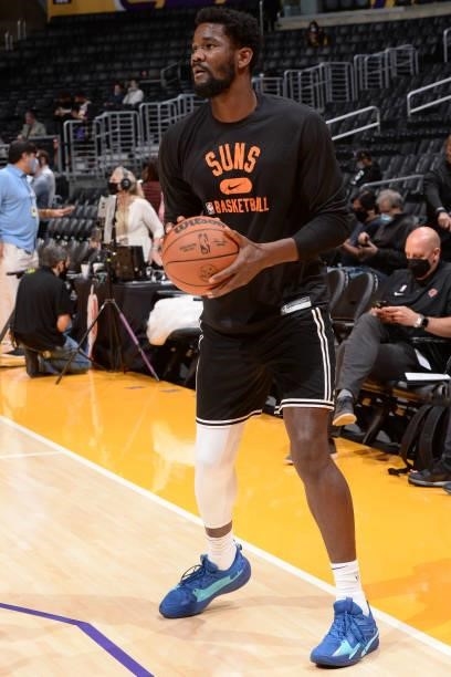 Deandre Ayton of the Phoenix Suns warms up prior to a preseason game against the Los Angeles Lakers on October 10, 2021 at STAPLES Center in Los...