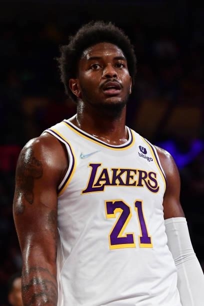 Cameron Oliver of the Los Angeles Lakers looks on during a preseason game against the Phoenix Suns on October 10, 2021 at STAPLES Center in Los...