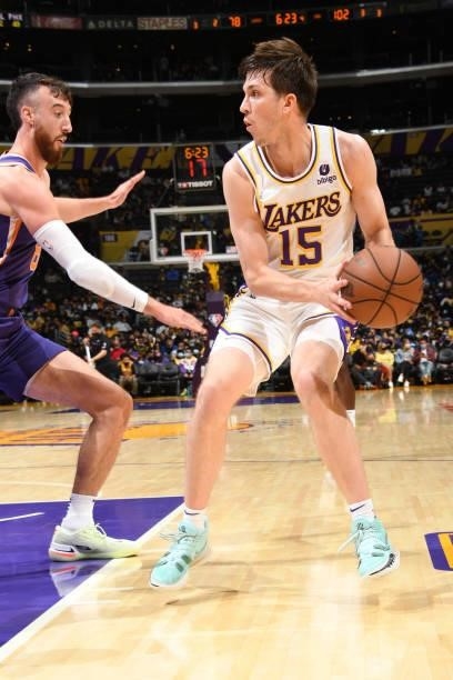 Austin Reaves of the Los Angeles Lakers drives to the basket during a preseason game against the Phoenix Suns on October 10, 2021 at STAPLES Center...