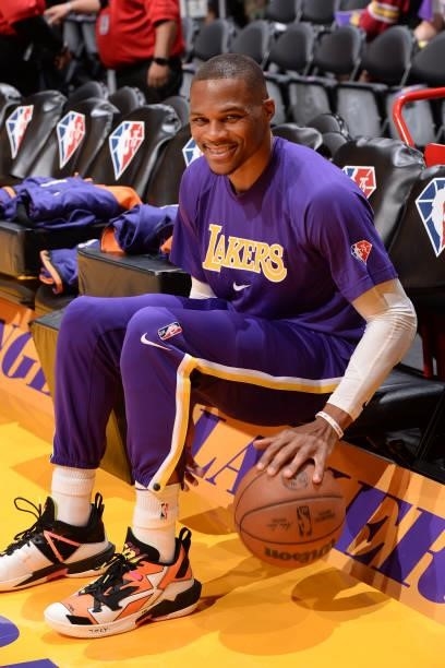 Russell Westbrook of the Los Angeles Lakers smiles before a preseason game against the Phoenix Suns on October 10, 2021 at STAPLES Center in Los...