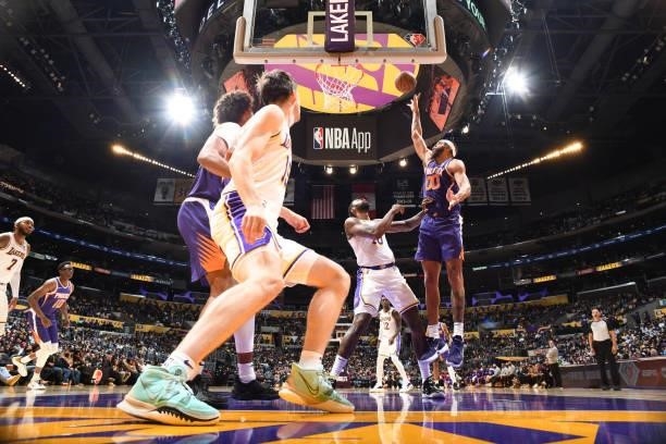 JaVale McGee of the Phoenix Suns shoots the ball during a preseason game against the Los Angeles Lakers on October 10, 2021 at STAPLES Center in Los...