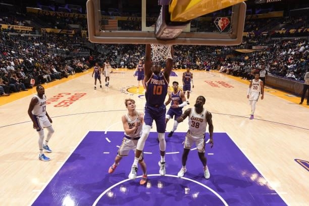 Jalen Smith of the Phoenix Suns dunks the ball during a preseason game against the Los Angeles Lakers on October 10, 2021 at STAPLES Center in Los...