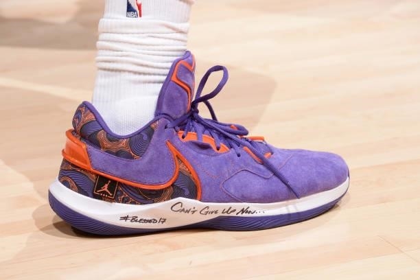 The sneakers worn by Chris Paul of the Phoenix Suns during a preseason game against the Los Angeles Lakers on October 10, 2021 at STAPLES Center in...