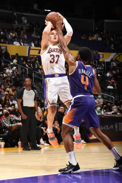 Mac McClung of the Los Angeles Lakers shoots the ball during a preseason game against the Phoenix Suns on October 10, 2021 at STAPLES Center in Los...