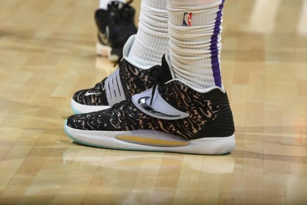 The sneakers worn by Cameron Oliver of the Los Angeles Lakers during a preseason game against the Phoenix Suns on October 10, 2021 at STAPLES Center...