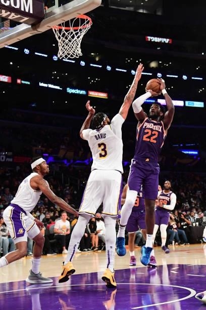 Deandre Ayton of the Phoenix Suns dunks the ball during a preseason game against the Los Angeles Lakers on October 10, 2021 at STAPLES Center in Los...