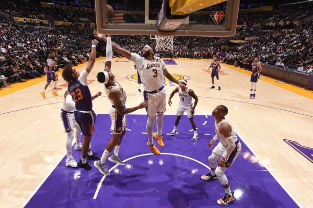 Anthony Davis of the Los Angeles Lakers catches the rebound during a preseason game against the Phoenix Suns on October 10, 2021 at STAPLES Center in...