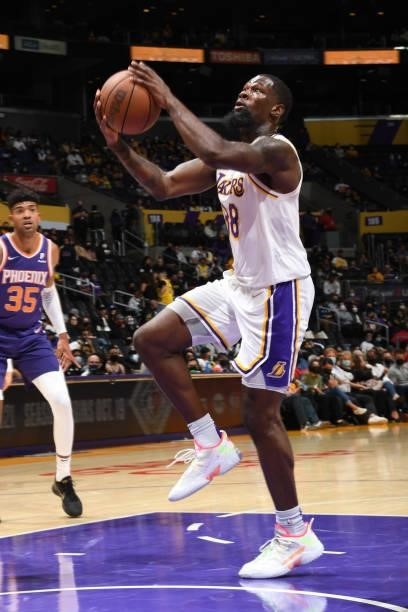 Chaundee Brown of the Los Angeles Lakers drives to the basket during a preseason game against the Phoenix Suns on October 10, 2021 at STAPLES Center...