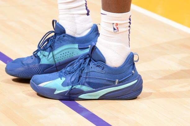 The sneakers worn by Deandre Ayton of the Phoenix Suns during a preseason game against the Los Angeles Lakers on October 10, 2021 at STAPLES Center...