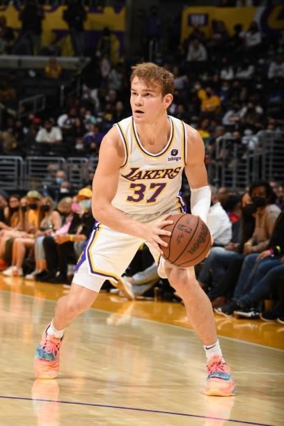 Mac McClung of the Los Angeles Lakers handles the ball during a preseason game against the Phoenix Suns on October 10, 2021 at STAPLES Center in Los...
