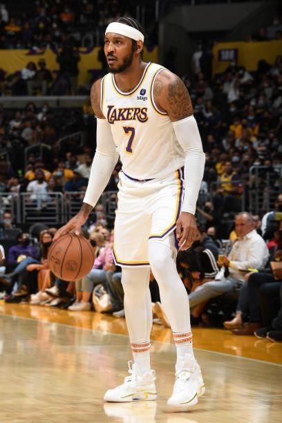 Carmelo Anthony of the Los Angeles Lakers handles the ball during a preseason game against the Phoenix Suns on October 10, 2021 at STAPLES Center in...
