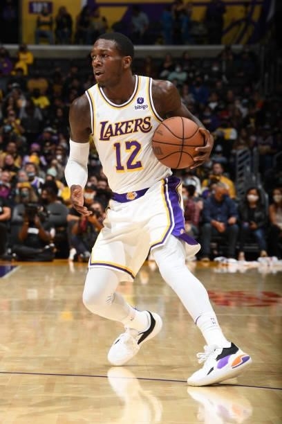 Kendrick Nunn of the Los Angeles Lakers handles the ball during a preseason game against the Phoenix Suns on October 10, 2021 at STAPLES Center in...
