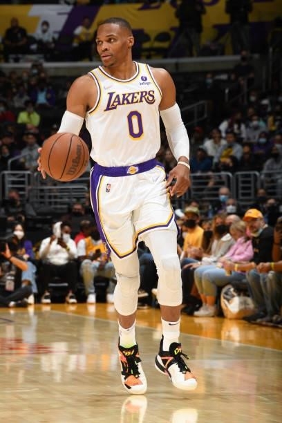 Russell Westbrook of the Los Angeles Lakers dribbles the ball during a preseason game against the Phoenix Suns on October 10, 2021 at STAPLES Center...