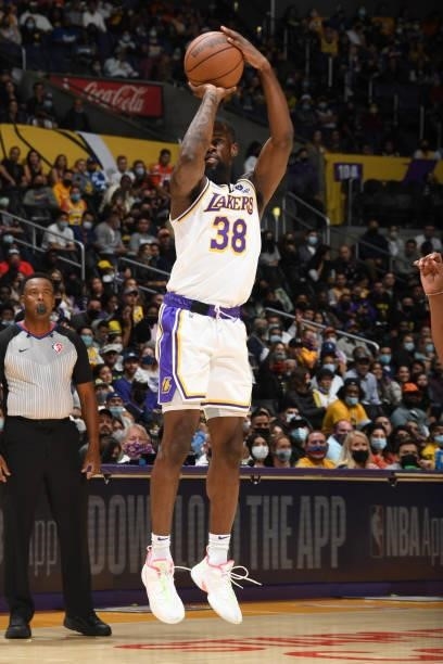 Chaundee Brown of the Los Angeles Lakers shoots the ball during a preseason game against the Phoenix Suns on October 10, 2021 at STAPLES Center in...