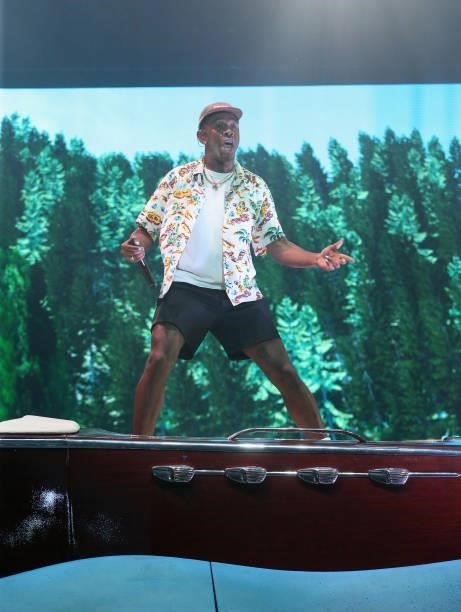 Tyler The Creator performs in concert during day two of the second weekend of Austin City Limits Music Festival at Zilker Park on October 10, 2021 in...