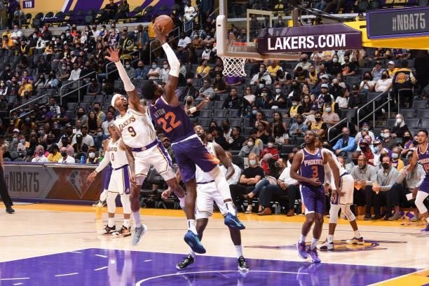Deandre Ayton of the Phoenix Suns shoots the ball during a preseason game against the Los Angeles Lakers on October 10, 2021 at STAPLES Center in Los...