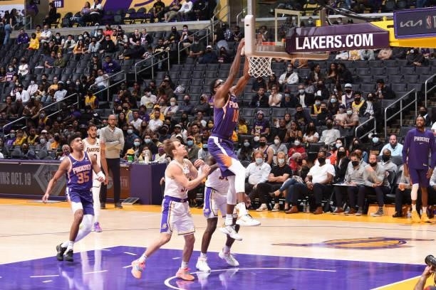 Jalen Smith of the Phoenix Suns dunks the ball during a preseason game against the Los Angeles Lakers on October 10, 2021 at STAPLES Center in Los...
