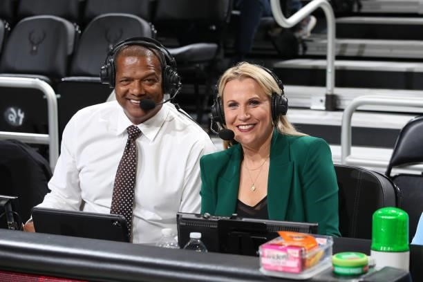 Announcers, Marques Johnson and Lisa Byington smile during a preseason game between the Oklahoma City Thunder and the Milwaukee Bucks on October 10,...