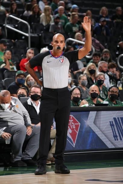 Referee, Matt Myers makes a call during a preseason game between the Milwaukee Bucks and the Oklahoma City Thunder on October 10, 2021 at the Fiserv...