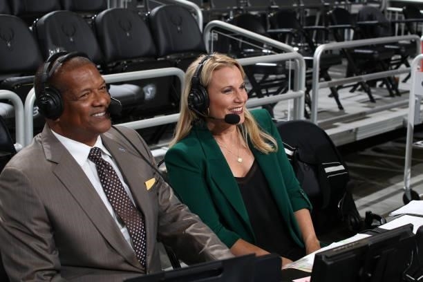 Announcers, Marques Johnson and Lisa Byington smile during a preseason game between the Oklahoma City Thunder and the Milwaukee Bucks on October 10,...