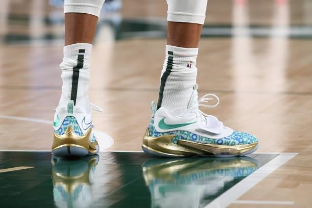 The sneakers worn by Giannis Antetokounmpo of the Milwaukee Bucks during a preseason game against the Oklahoma City Thunder on October 10, 2021 at...